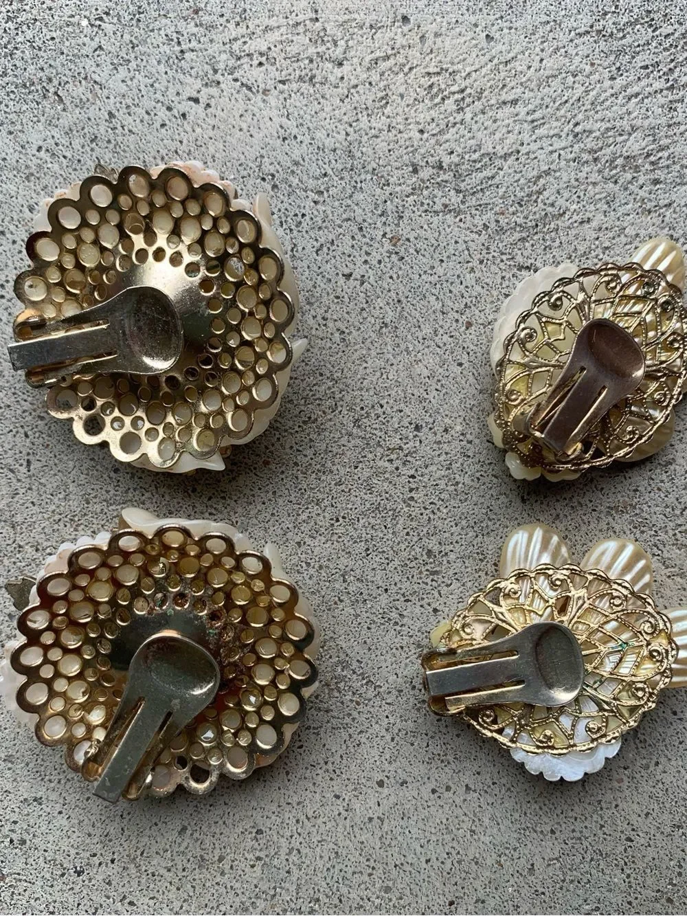 Vintage Set of 2 White Carved Floral Borialis Rhinestone Clip Earrings
